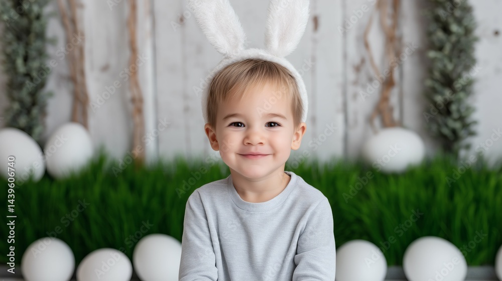 Boy with bunny ears smiling, Cute child Easter portrait, Toddler with festive spring Easter decor concept