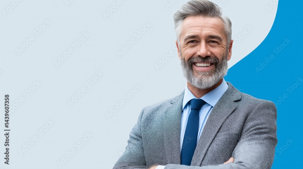Confident businessman smiling outdoors, Mature executive with grey hair portrait, Professional success business leader concept