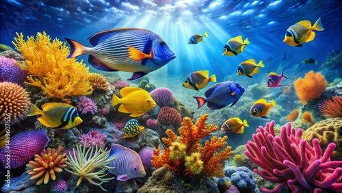 Vibrant Underwater Scene Showcasing a Diverse Array of Colorful Fish and Coral Reefs in a Sunlit Oceanic Habitat