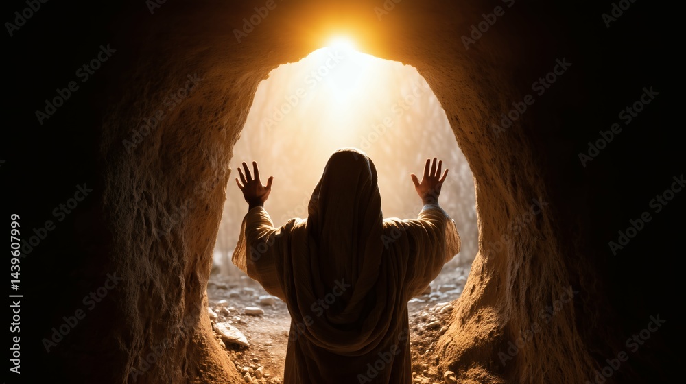 Jesus Hands reaching out of cave toward light, Spiritual concept of hope and new beginning, Concept for faith, resurrection, spirituality and renewal
