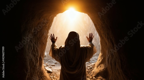 Jesus Hands reaching out of cave toward light, Spiritual concept of hope and new beginning, Concept for faith, resurrection, spirituality and renewal