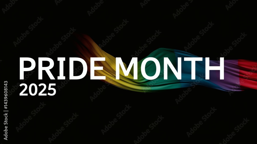 Minimalist black background with rainbow ribbon and Pride 2025 text