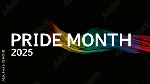 Obraz na płótnie Minimalist black background with rainbow ribbon and Pride 2025 text w salonie