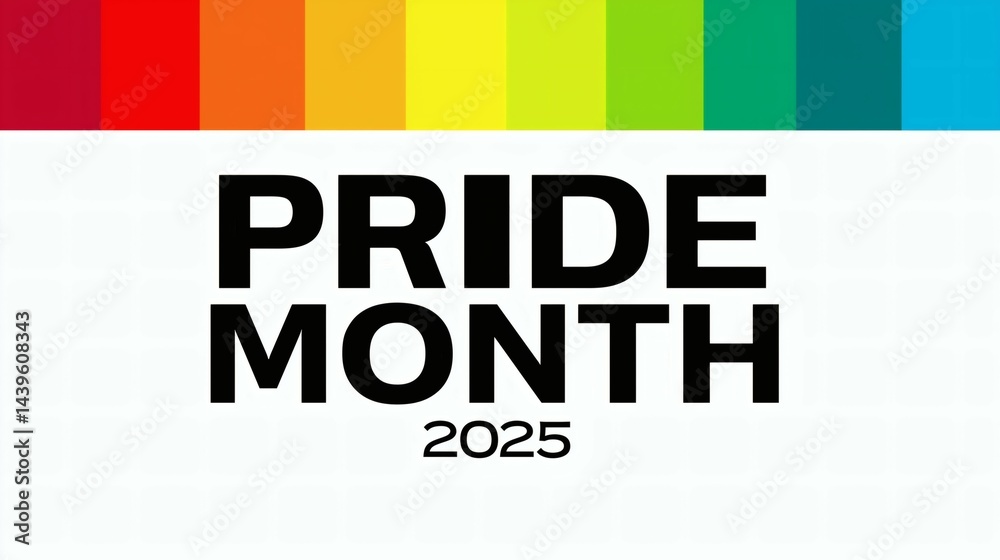 Pride Month 2025 text with blocks of rainbow colors at the top