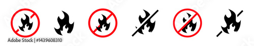 No fire icon set. Fire ban icon signs collections. Fire forbidden symbols set. EPS 10