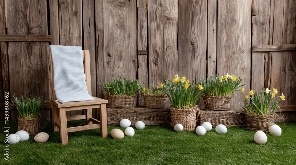 Rustic Easter decor with flowers and eggs, Wooden chair with spring setup, Easter decoration for rustic event backdrop