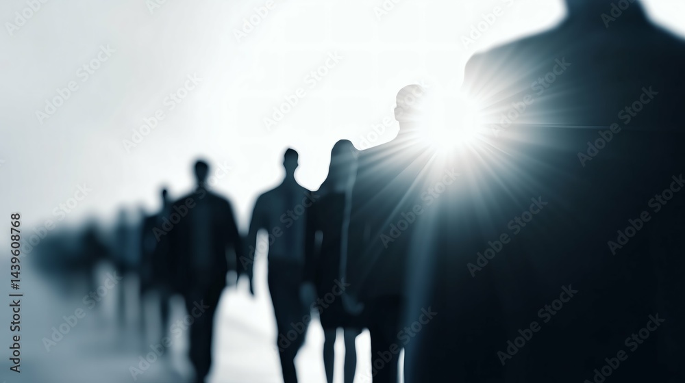 Silhouettes of business people walking into light, Corporate success and future leadership concept, Inspirational business journey scene