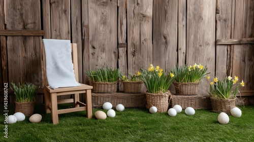 Obraz na płótnie Rustic Easter decor with flowers and eggs, Wooden chair with spring setup, Easter decoration for rustic event backdrop w salonie