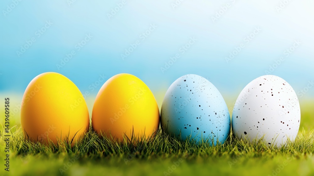 Yellow and blue Easter eggs on grass, Colorful eggs with sky background, Springtime Easter holiday celebration outdoors concept