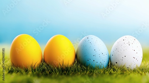 Yellow and blue Easter eggs on grass, Colorful eggs with sky background, Springtime Easter holiday celebration outdoors concept