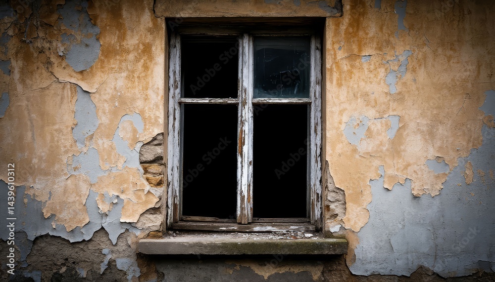 Peeling paint and shattered window panes expose the decaying condition of an old building, stirring feelings of abandonment and reflecting the relentless passage of time Peeling paint and shattered window panes expose the decaying condition of an old building, stirring feelings of abandonment and reflecting the relentless passage of time