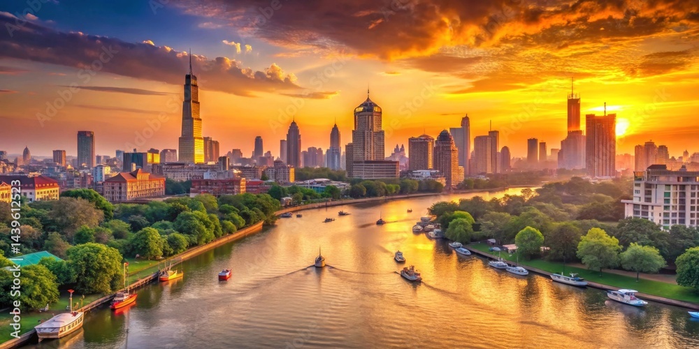 Obraz premium Golden Hour Skyline Riverfront Cityscape at Sunset with Boats and Lush Greenery