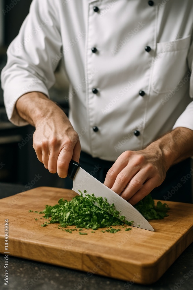 A close-up shot of a professional chef skillfully chopping fresh herbs, such as parsley or cilantro, on a wooden cutting board in a modern kitchen. A close-up shot of a professional chef skillfully chopping fresh herbs, such as parsley or cilantro, on a wooden cutting board in a modern kitchen.