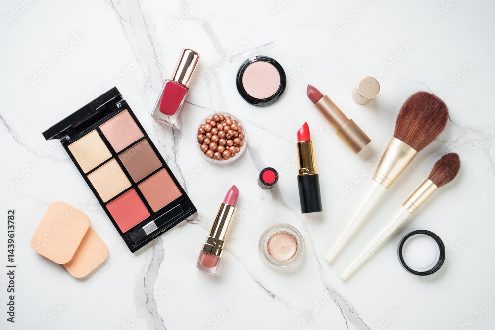 Make up cosmetic products at white background. Cosmetic palette, brushes, bronzer and lipsticks. Flat lay.