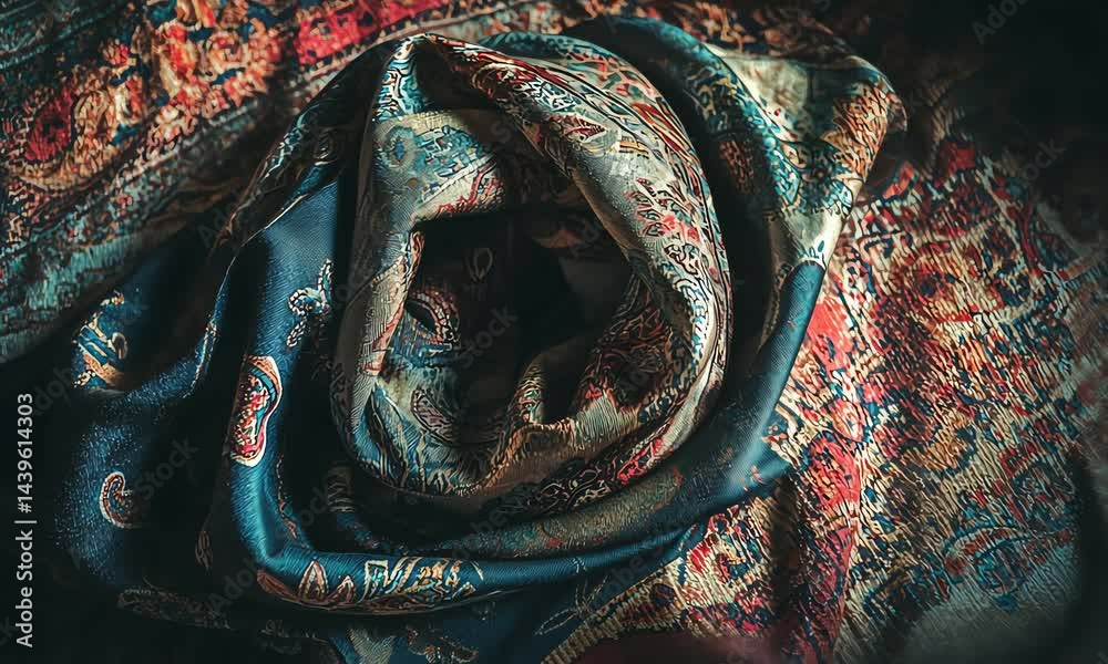 Intricate patterned textile, draped in a circle.