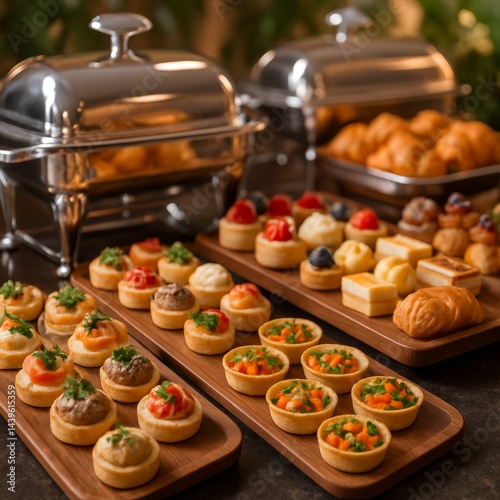 A beautifully arranged gourmet buffet with various finger foods like delicate canapés, colorful veggie tartlets, and an array of intricate pastries.