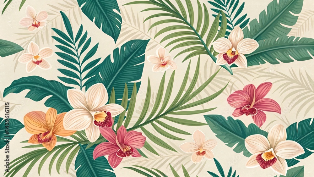 Bright Seamless Floral Pattern with Tropical Orchids and Palm Leaves Bright Seamless Floral Pattern with Tropical Orchids and Palm Leaves