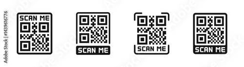 QR code scanning icon set. QR code scanner. Scan me icons. Silhouette style vector icons.