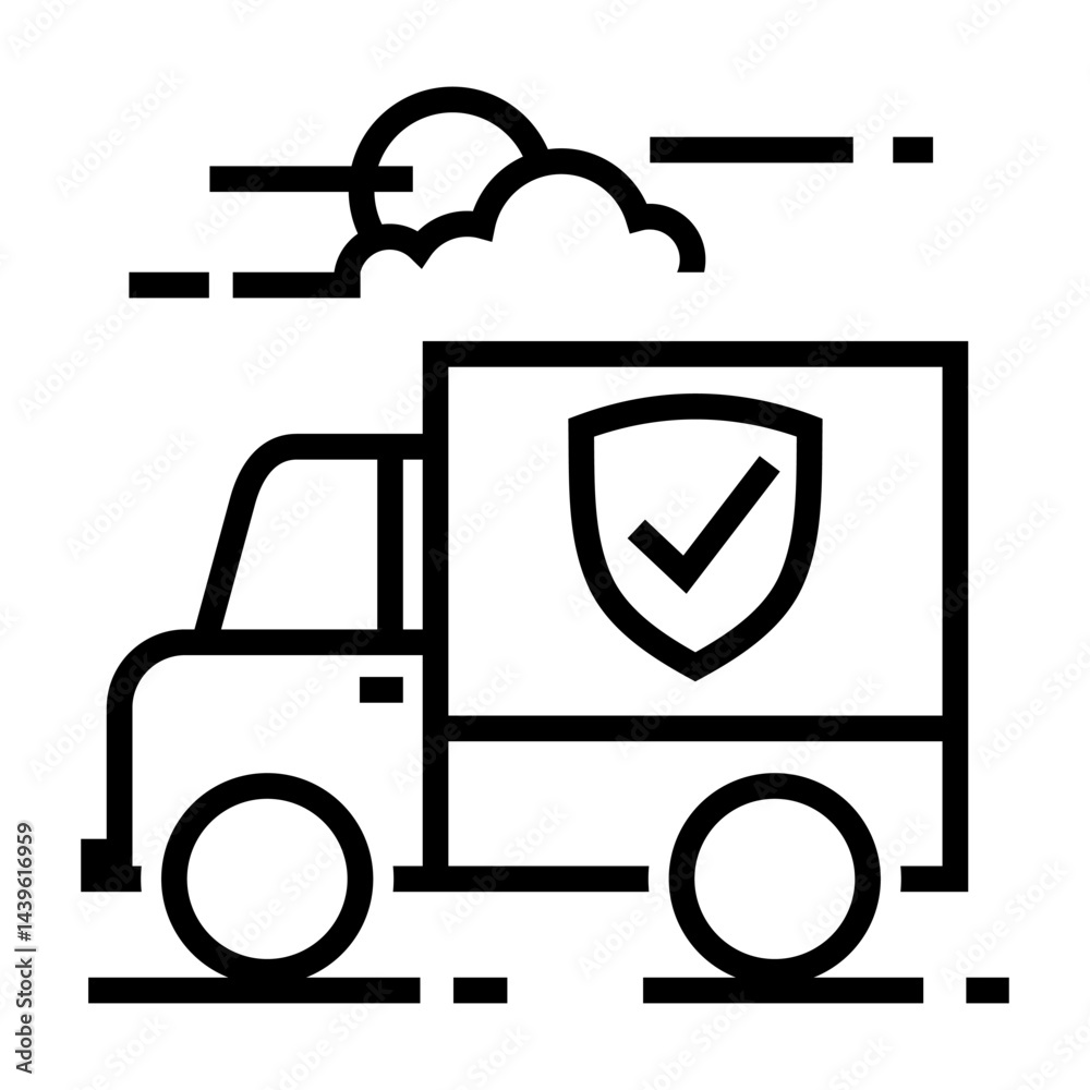 Fototapeta premium Vector line icon of a secure delivery truck featuring a shield with a check mark, set against a background of clouds and sun.