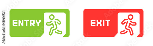 Entry and exit icons. Exit buttons. Evacuation icons. Flat style vector icons.