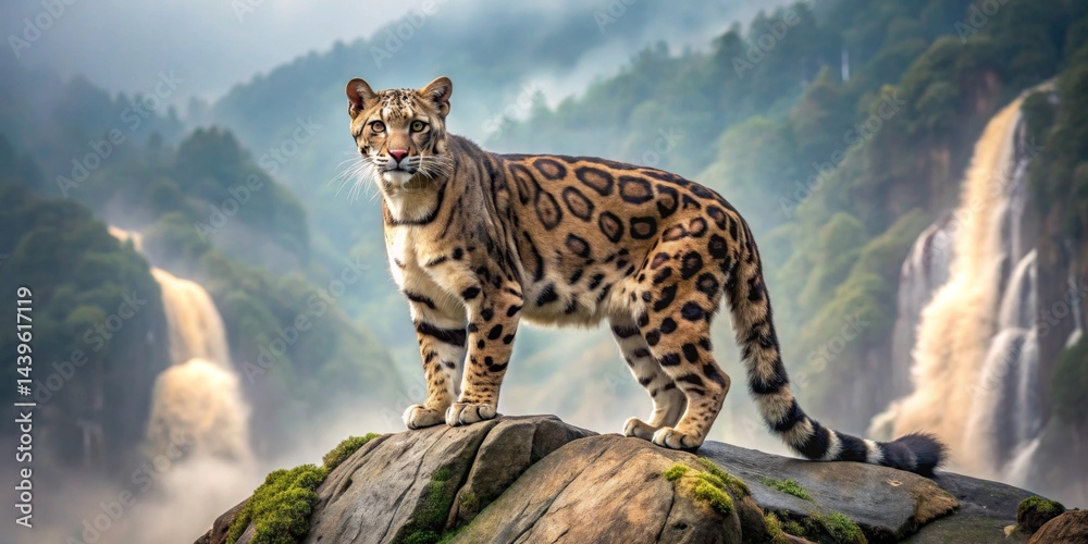 Fototapeta premium Majestic clouded leopard perched atop a moss-covered rock overlooking cascading waterfalls in a misty, lush green forest