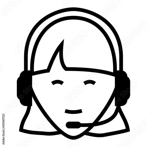 Female customer support representative wearing headset and microphone, smiling when talking to the customer icon design vector symbol illustration.