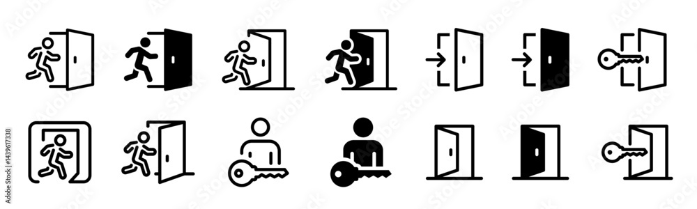 Entry and exit icons. Login and logout icon set. Enter and quit icons. Flat style vector icons.