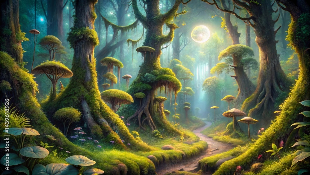 Fototapeta premium Enchanted Forest Path A Mystical Journey Through Lush Green Canopy, Mossy Trees, and Giant Fungi Under a Soft Moonlight