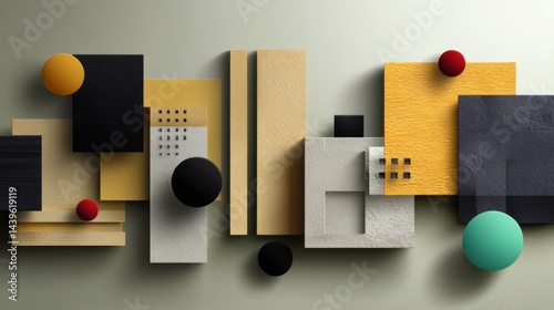 Abstract Geometric Composition with Colorful Textured Blocks and Spheres on Light Green Background