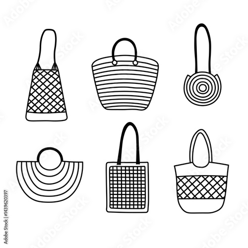 Summer straw bags on isolated background. Hand drawn handmade raffia beach accessories, fashion accessory for seaside, lifestyle, vacation. Vector illustration for sign, logo, print, paper, card