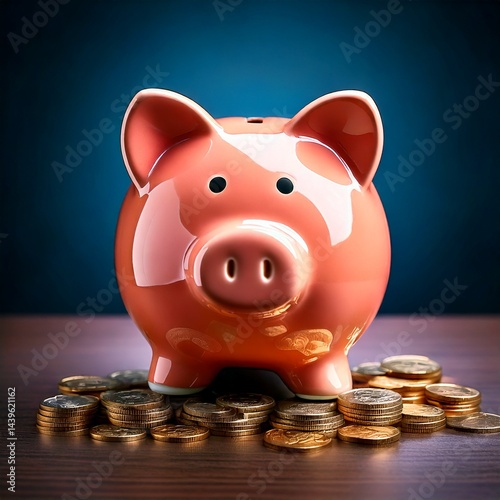 Pink piggy bank with golden coin on top, surrounded by coins on wooden table, representing savings, investment, and financial growth