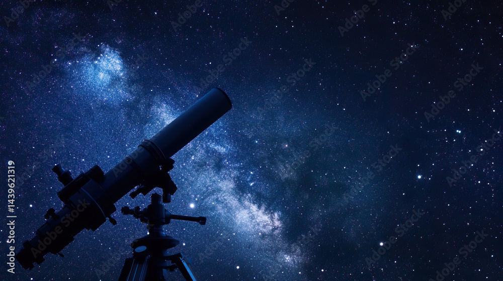 Naklejka premium Telescope pointing at a starry night sky, bright black background