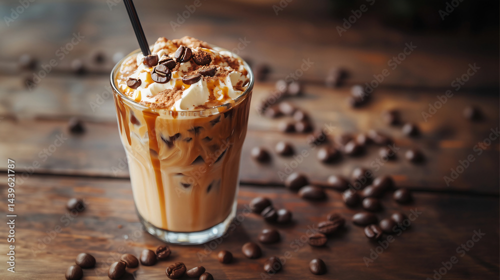 Delicious iced coffee with cream and chocolate on top, created with Generative AI