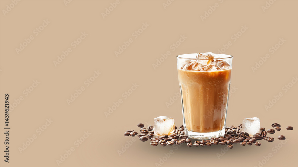 Iced coffee in a glass with scattered beans, created with Generative AI