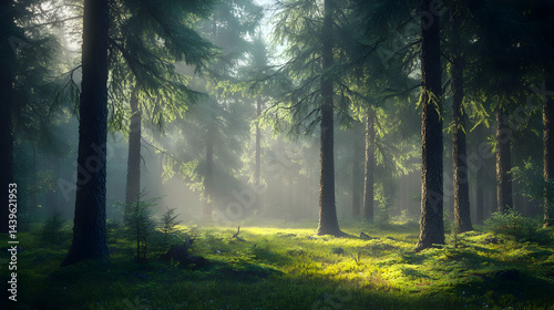 Sunlit Forest: A Misty Morning in the Woods