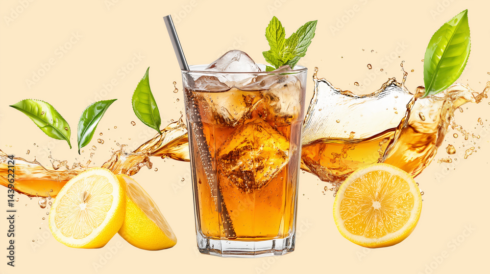 Bright iced drink with lemon slices and mint garnish, created with Generative AI