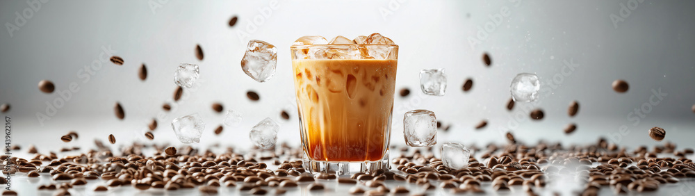 Chilled drink surrounded by coffee beans and ice cubes, created with Generative AI