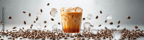 Obraz na płótnie Chilled drink surrounded by coffee beans and ice cubes, created with Generative AI w salonie