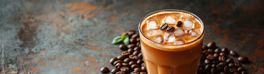 Refreshing iced coffee topped with coffee beans and ice, created with Generative AI