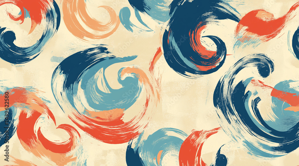 A dynamic design featuring swirling brush strokes in vibrant colors on a light textured background