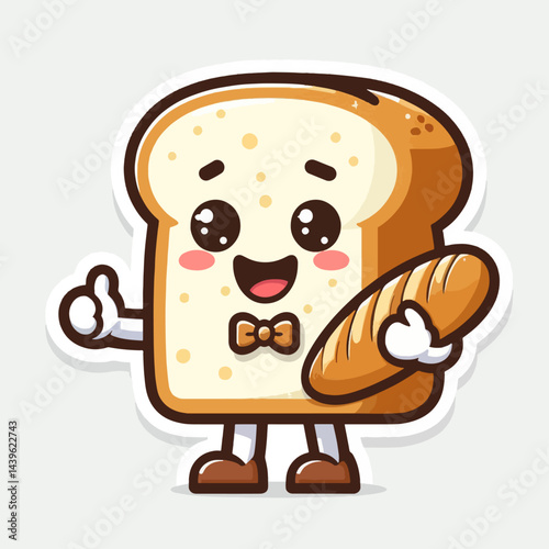 Cheerful cartoon slice of bread holding a loaf of bread,  with expressive eyes and a bow tie.
