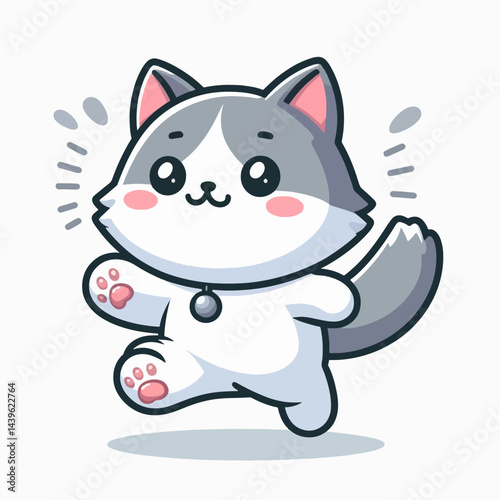Digitally rendered,  cartoonish illustration of a cute, gray and white feline,  appearing to walk or stride, conveying a feeling of playfulness and cheerfulness.