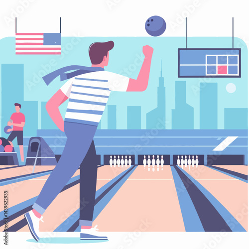 Stylized illustration of a man bowling, set against a backdrop of a cityscape, with a focus on vibrant color.