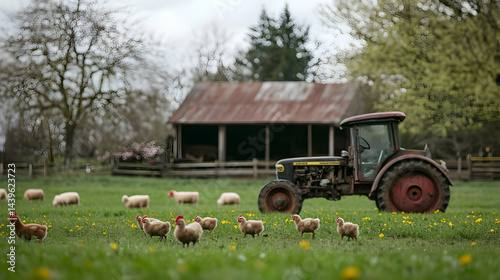 Tranquil Farm Scene: Sheep Chicks and Tractor in a Picturesque Setting