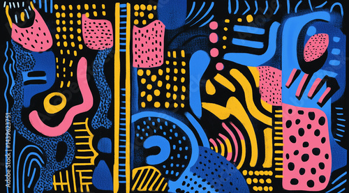Vibrant abstract mural features bold colors and geometric patterns, bringing life to the urban environment at sunset