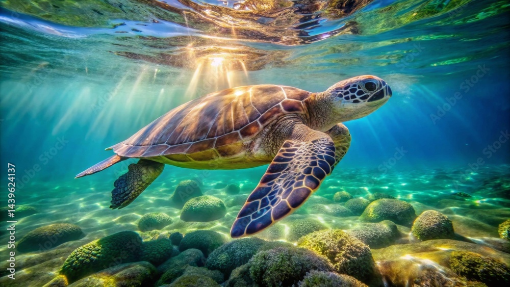 Obraz premium Serene Underwater Scene Featuring a Majestic Sea Turtle Gracefully Gliding Through Sunlit Coral Reef