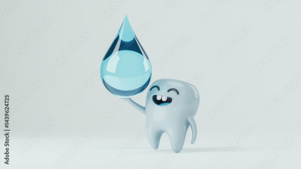 Obraz premium Cute 3D render illustration showing a happy anthropomorphic white tooth character looking up playfully at a single, large, stylized translucent blue water droplet suspended above it. 