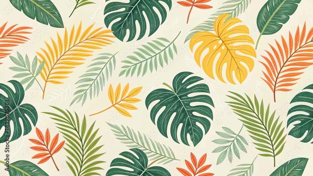 Fototapeta premium Seamless Summer Tropical Foliage Pattern Palm Fronds & Leaves