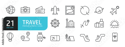 Set of line icons related to travel, holiday, vacation. Outline icons collection. Editable stroke. Vector illustration