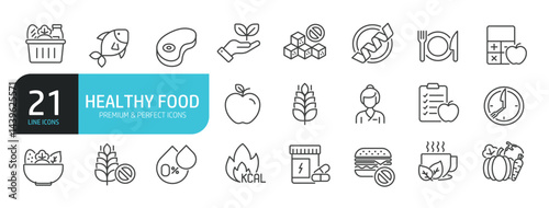 Set of line icons related to healthy food, diet, nutrition. Outline icons collection. Editable stroke. Vector illustration